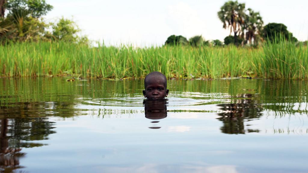 A girl plays in a swamp