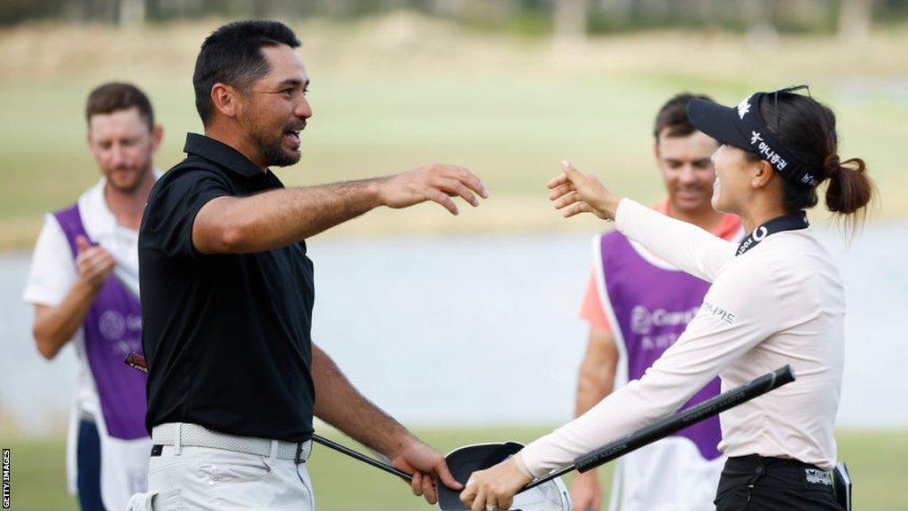 Jason Day and Lydia Ko celebrate clinching victory in the inaugural Grant Thornton Invitational