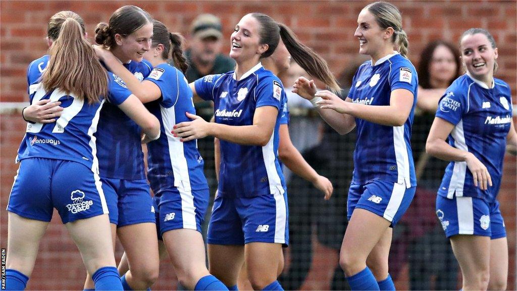 Cardiff City players celebrate Molly Kehoe's second goal