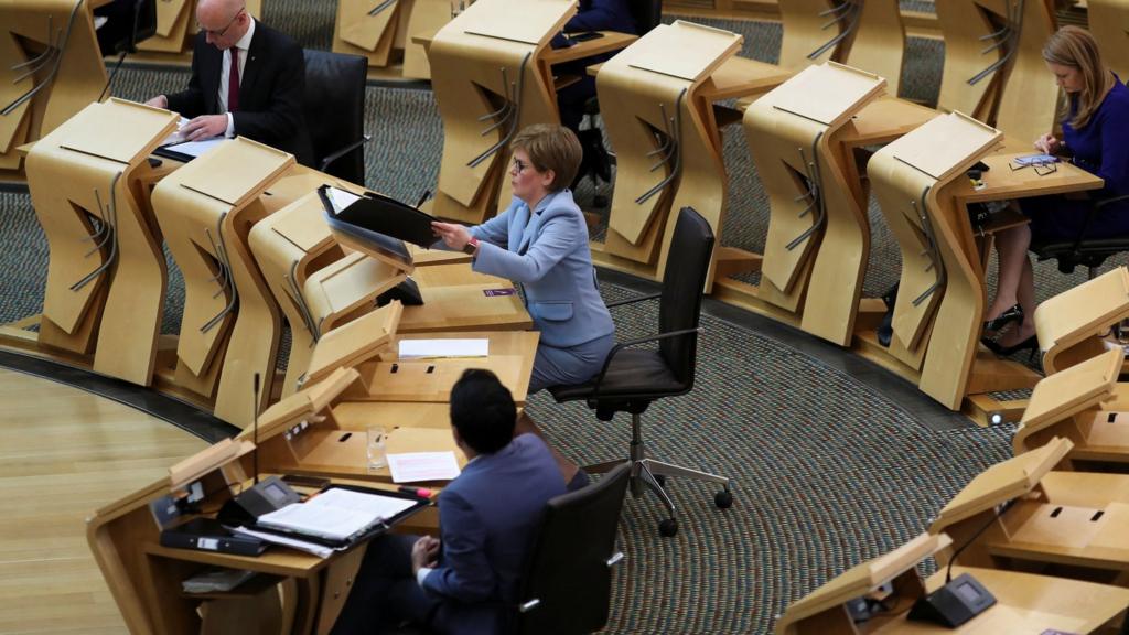 First Minister Nicola Sturgeon attends First Minister's Questions at the Scottish Parliament in Edinburgh, Scotland on May 27, 2021