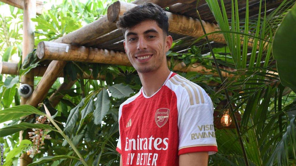 Kai Havertz smiles wearing an Arsenal shirt