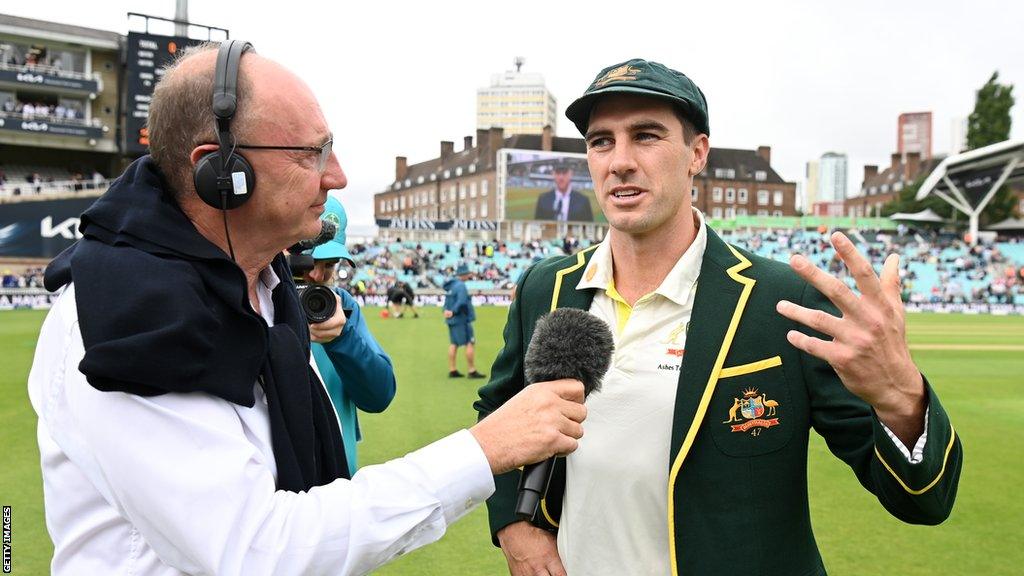 Test Match Special's Jonathan Agnew (left) interviews Australia captain Pat Cummins