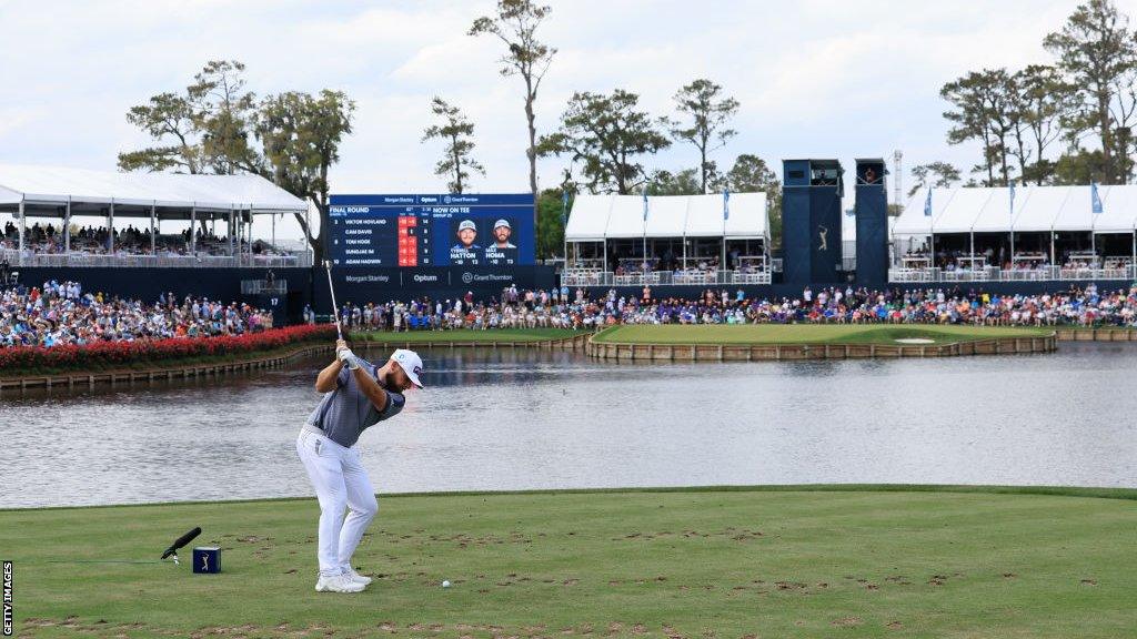 Tyrrell Hatton hitting his tee shot on the par-three 17th in the final round at the Players Championshp