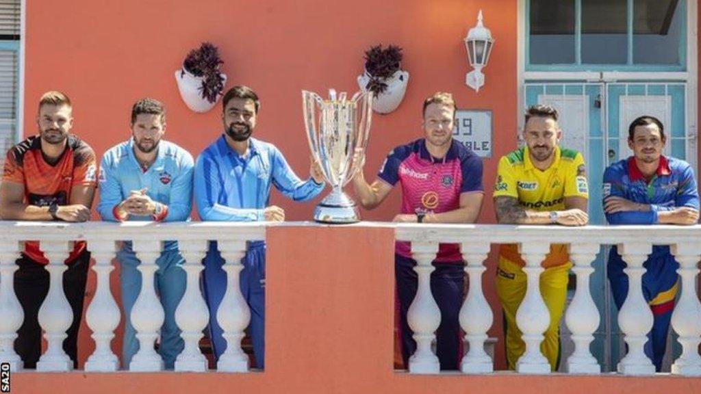 Captains from the six SA20 teams wear their kit and pose with the trophy ahead of the inaugural tournament