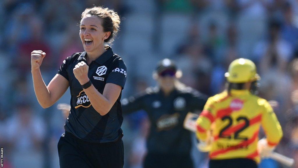 Manchester Originals' Kate Cross celebrates taking a wicket against Trent Rockets in the Women's Hundred