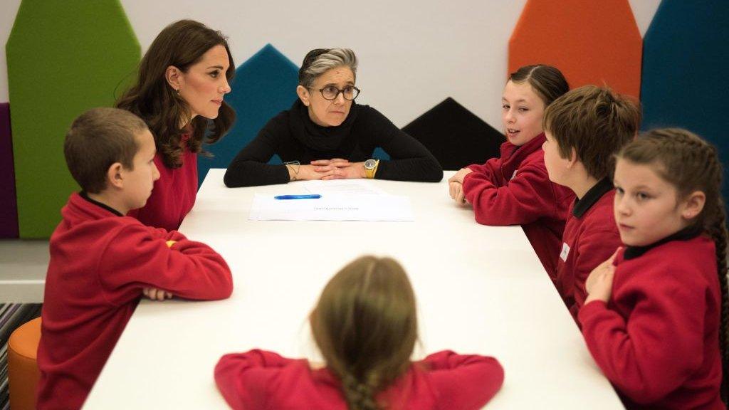 Britain's Catherine, Duchess of Cambridge speaks to school children during a 'Stepping Out' session, at the BBC in MediaCityUK in Salford, north-west England on December 6, 2017.