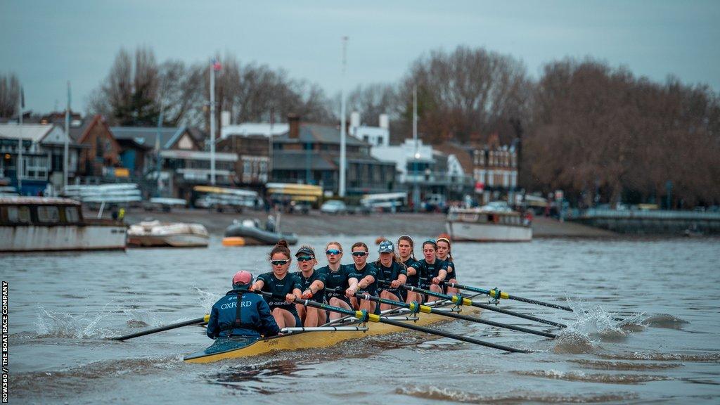 One of the Oxford university boat club's female crew's rowing in the Trial Eights