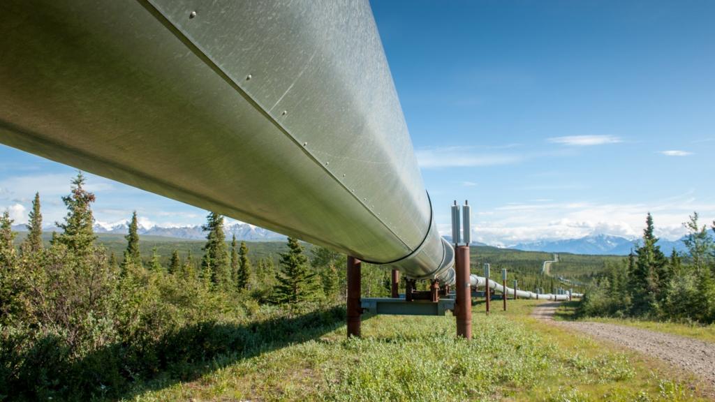 Trans-Alaska Pipeline (Alyeska pipleline) running through landscape with Mountain range in the distance in Alaska