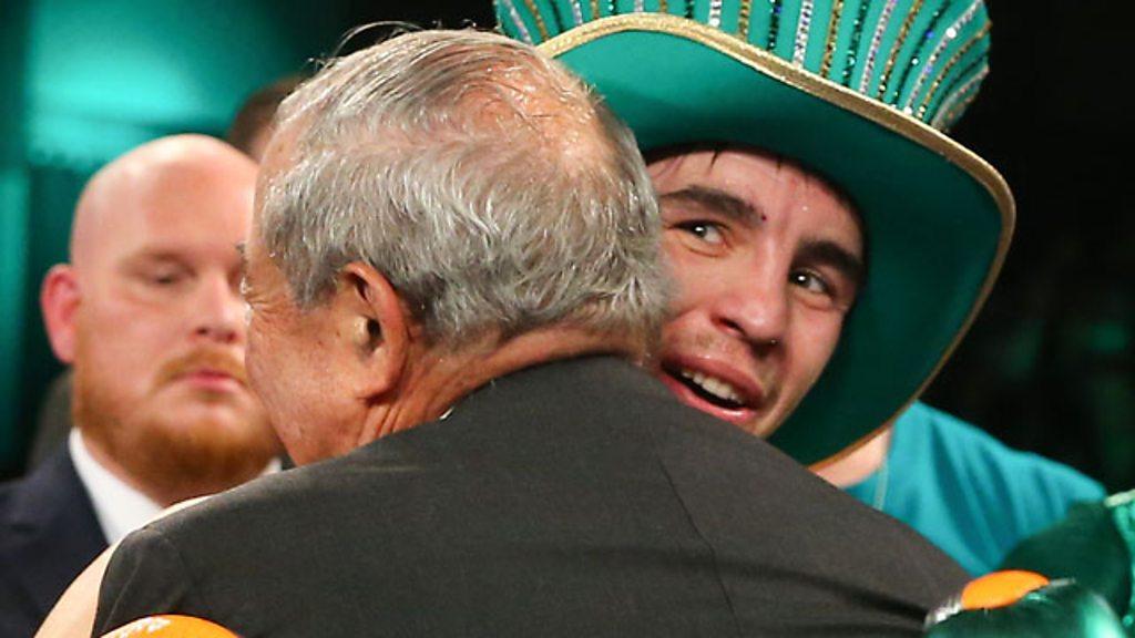 Michael Conlan hugs promoted Bob Arum after the New York bout