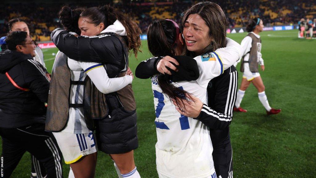 Philippines players celebrate beating New Zealand