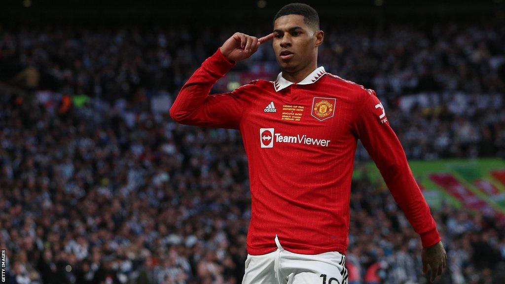 Marcus Rashford celebrates scoring for Manchester United