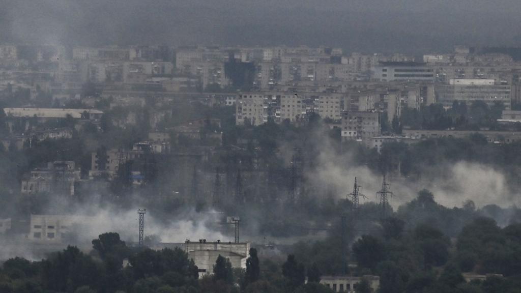 Smoke and dirt rise from the city of Severodonetsk in the eastern Ukrainian region of Donbas