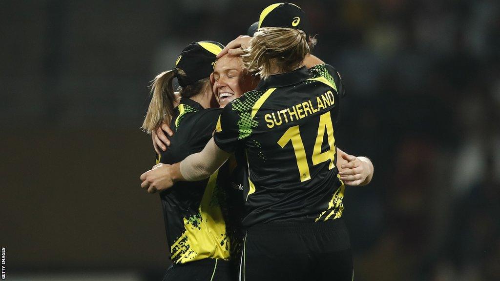 Kim Garth celebrates taking a wicket for Australia