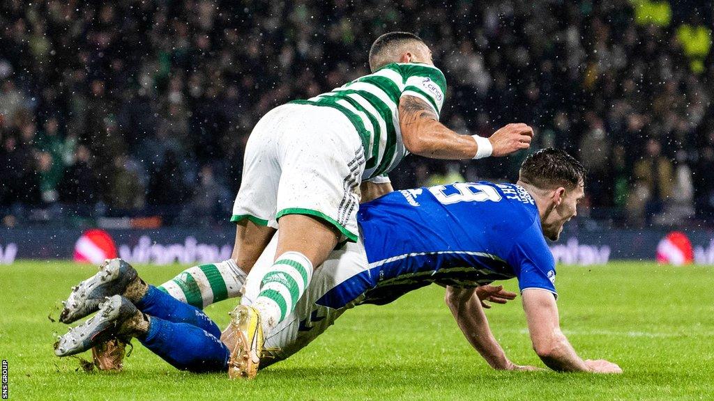 Penalty appeal for Kilmarnock as Celtic’s Giorgos Giakoumakis collides with Joe Wright during a Viaplay Cup Semi Final match between Celtic and Kilmarnock