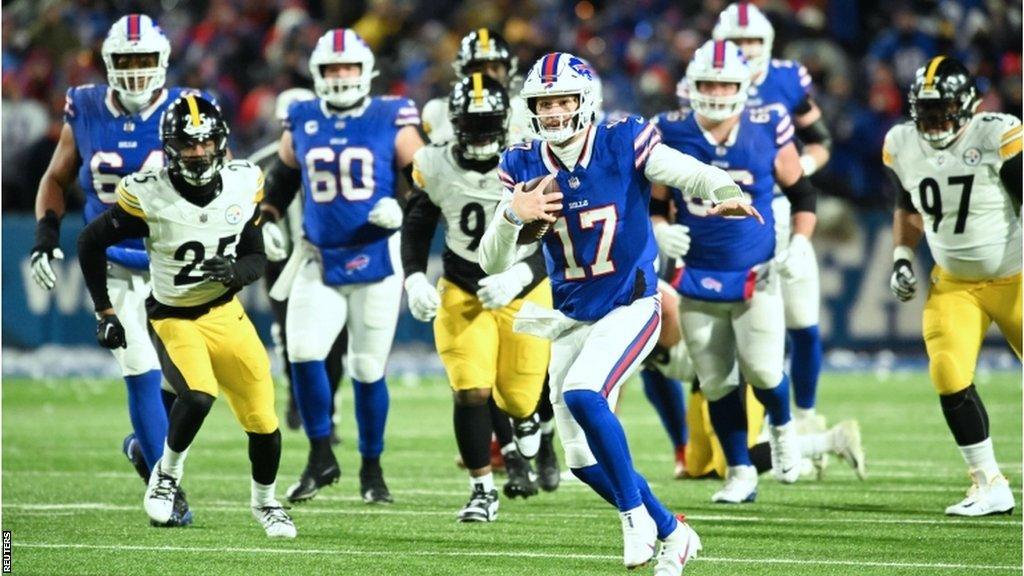 Buffalo Bills quarterback Josh Allen on the run against the Pittsburgh Steelers