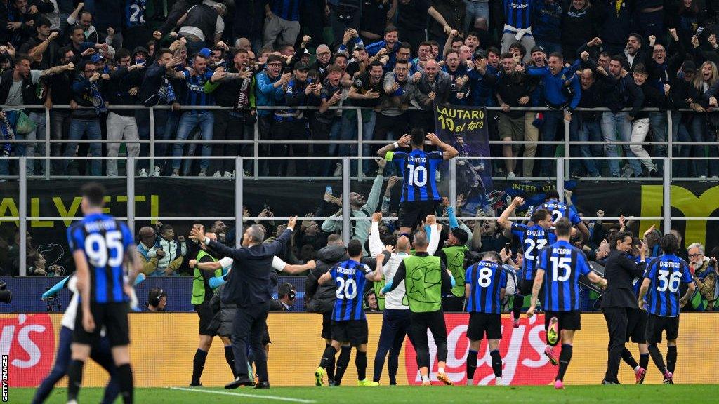 Lautaro Martinez celebrates with the Inter Milan supporters