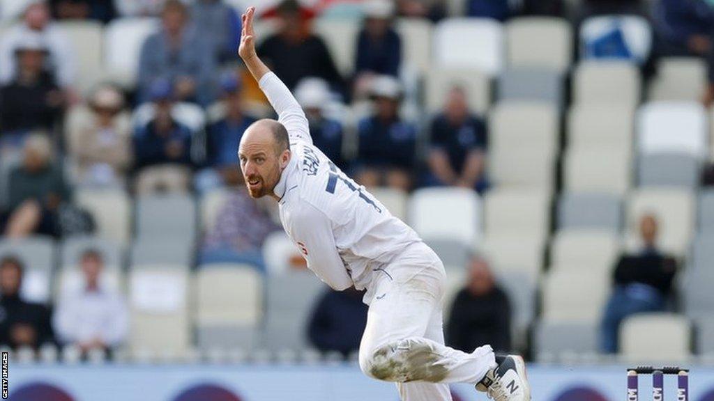 Jack Leach bowling for England against New Zealand