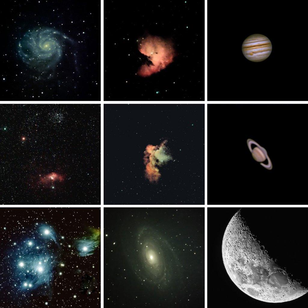 Montage of images taken in the night sky including Jupiter, Saturn and the moon