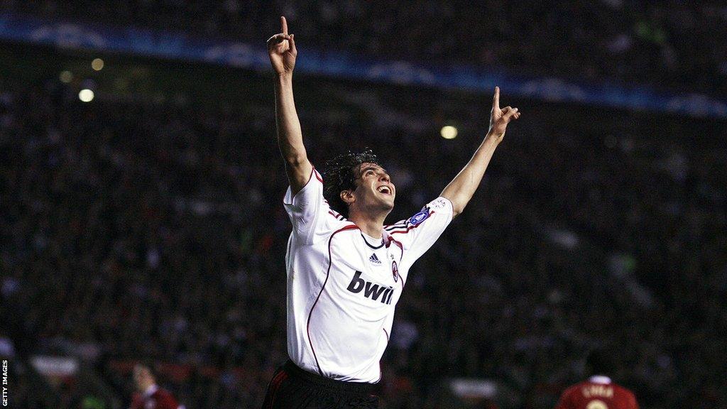 AC Milan's Brazilian midfielder Ricardo Kaka celebrates after scoring against Manchester United during their European Champions League semi final first leg football match at Old Trafford in Manchester, north west England, 24 April 2007