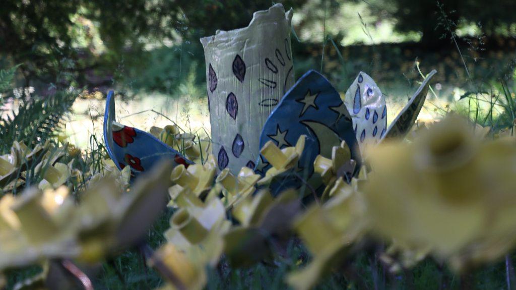 One of 10 large daffodils among the 10,000 ceramic daffodils in Lowther castle gardens