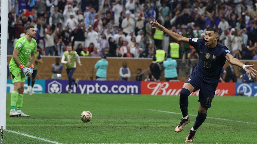 Mbappe celebrates his hat-trick goal