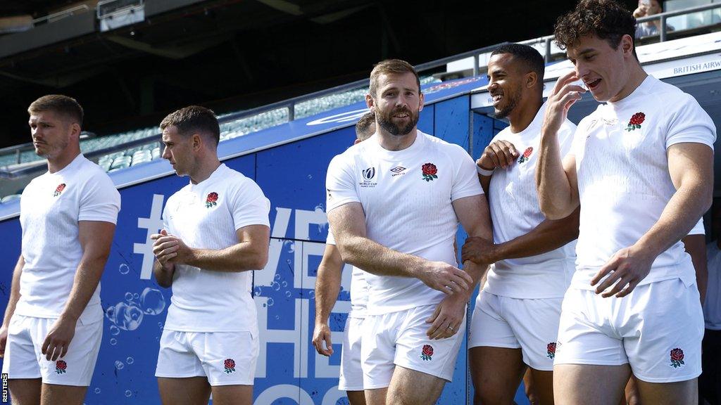 England players get ready for a team photo at Twickenham