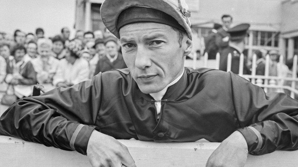 Jockey Lester Piggott looking down the camera