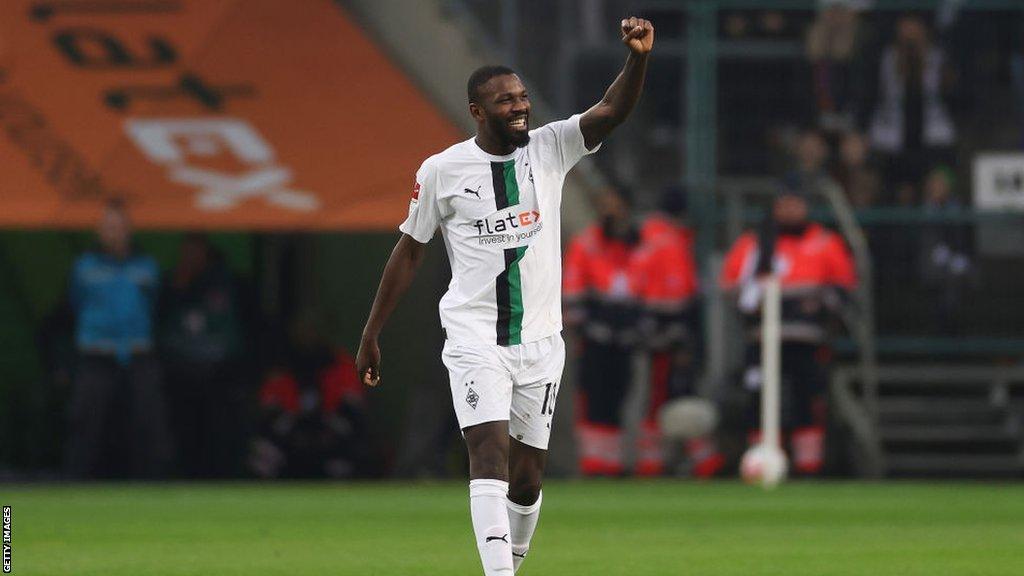 Marcus Thuram celebrates while playing for Borussia Monchengladbach