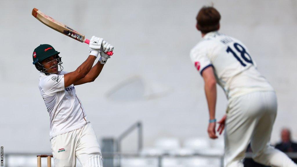 Leicestershire's Ben Mike hits a six against Yorkshire