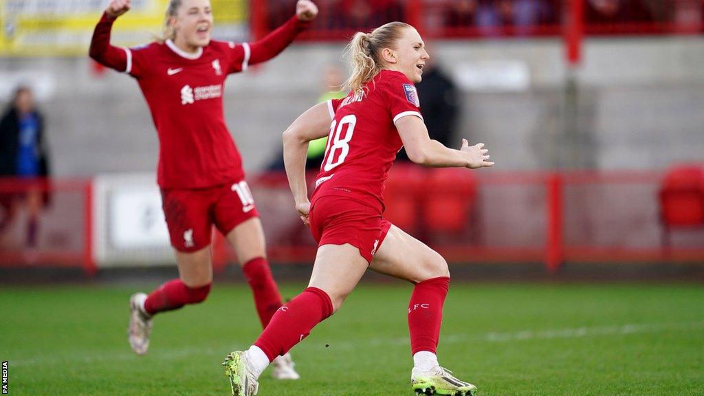 Ceri Holland celebrates after Scoring for Liverpool against Brighton