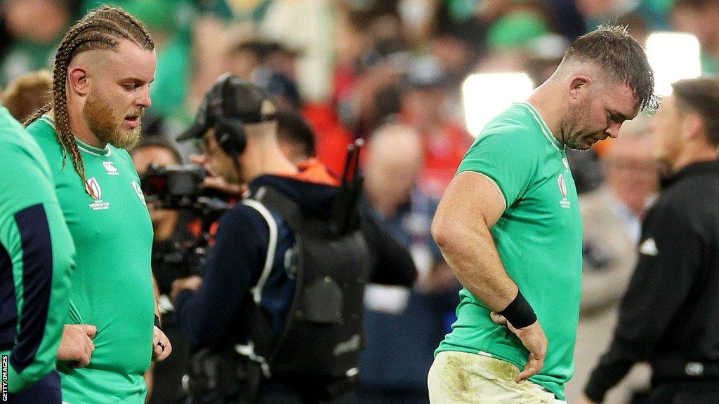 Peter O'Mahony and Finlay Bealham show their disappointment after Ireland's World Cup quarter-finals defeat by New Zealand