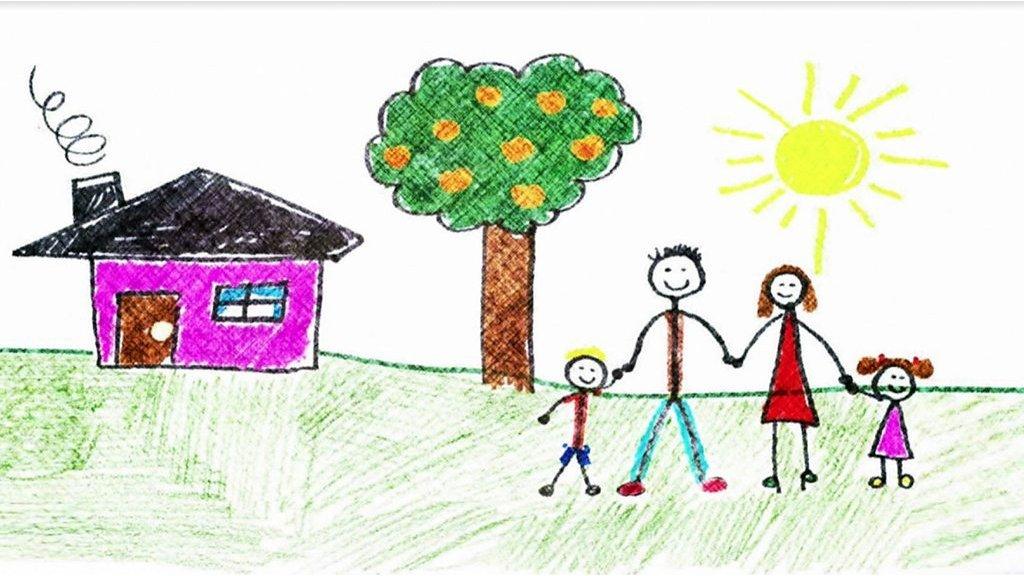 Child drawing: Mum, dad, 2 kids, house, tree, sun+