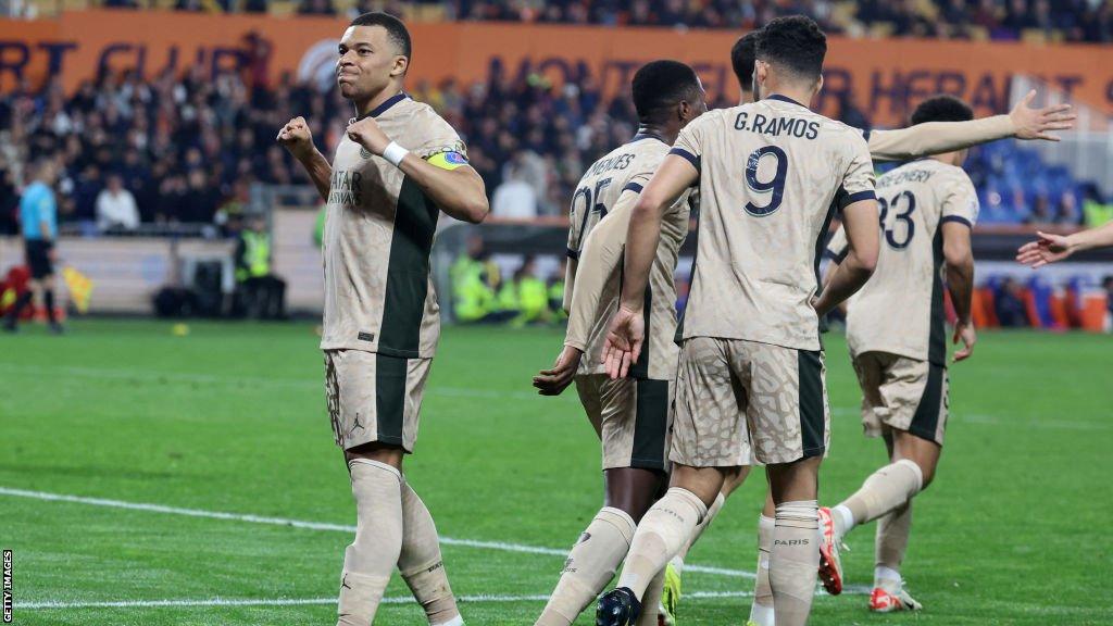 Kylian Mbappe celebrates scoring for Paris St-Germain against Montpellier