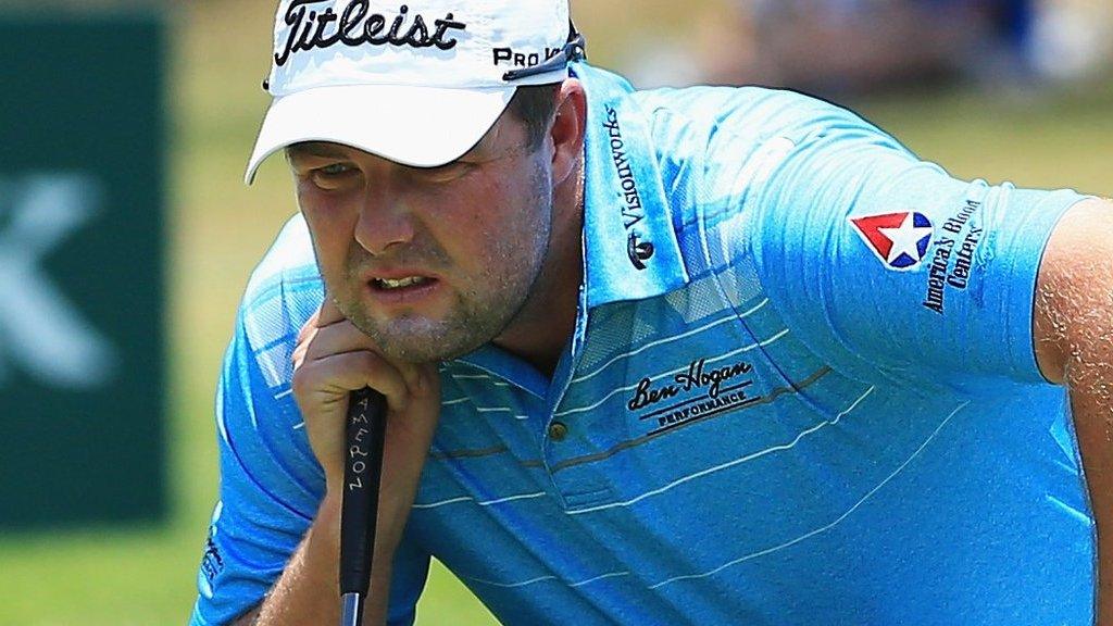 Marc Leishman studies a putt during round three of the Nedbank Challenge