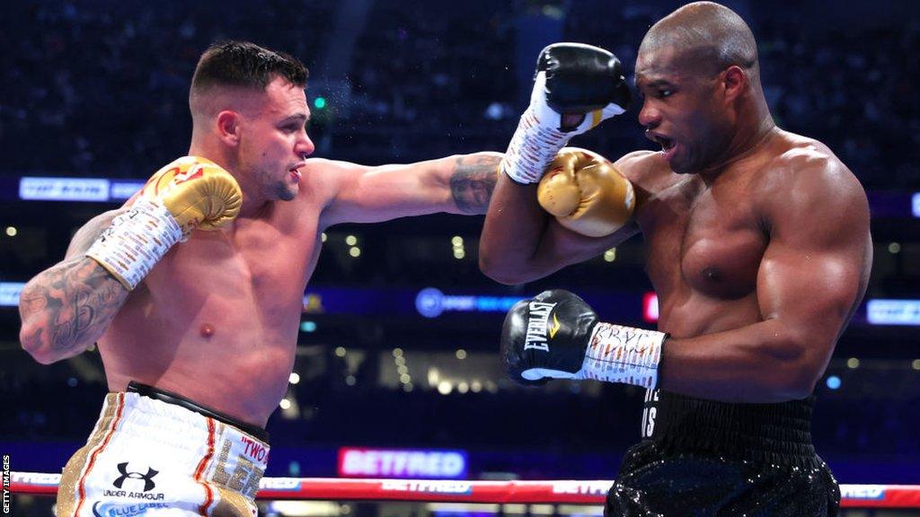 Kevin Lerena and Daniel Dubois exchange punches during their heavyweight fight at Tottenham Hotspur Stadium in December