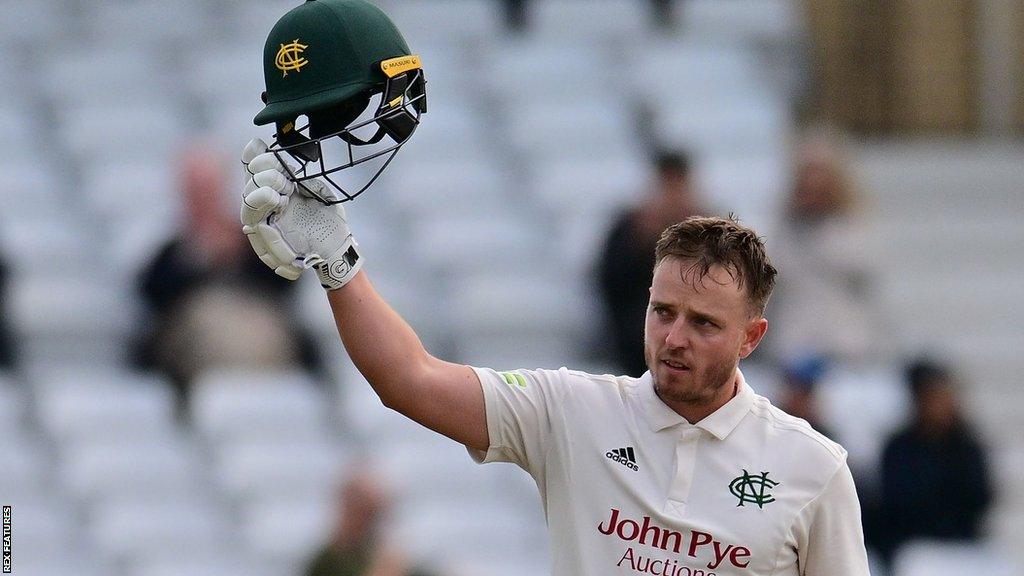 Nottinghamshire opener Ben Slater celebrates his century against Middlesex - he finished on 140