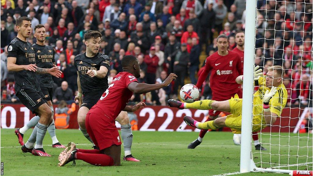 Aaron Ramsdale saves from Ibrahima Konate in the final seconds of the match