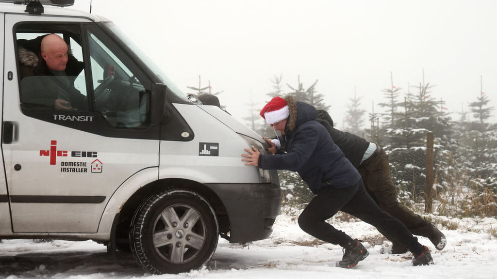 A van stuck in snow in Leicestershire