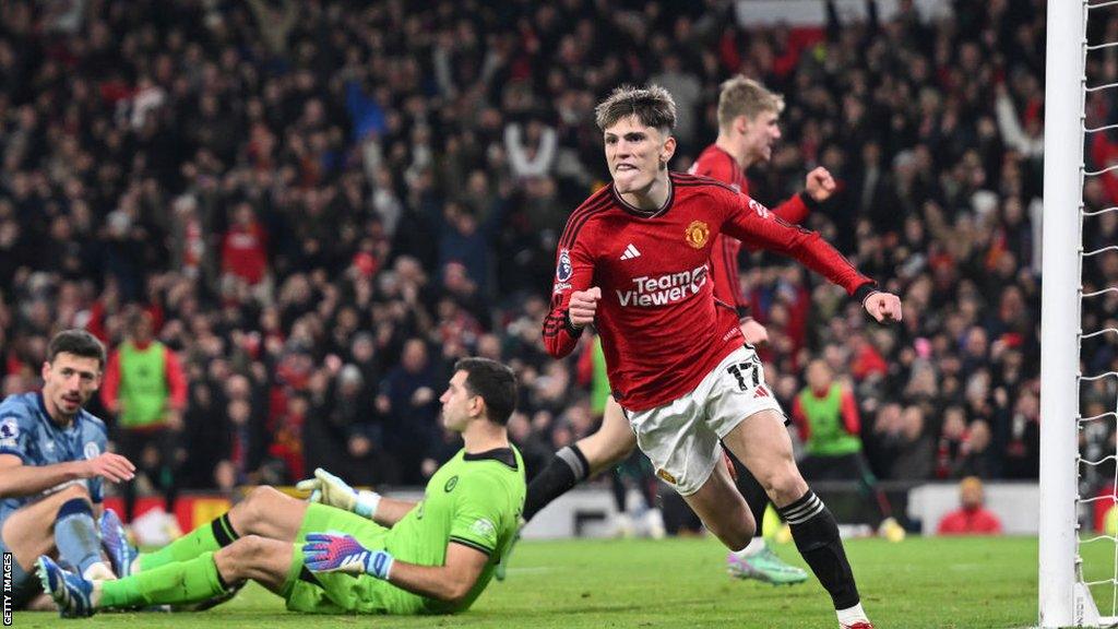 Alejandro Garnacho celebrates scoring against Aston Villa