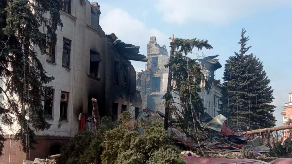 A view of destroyed theatre hall, which was used as a shelter by civilians, after Russian bombardment in Mariupol, Ukraine on 18 March, 2022.