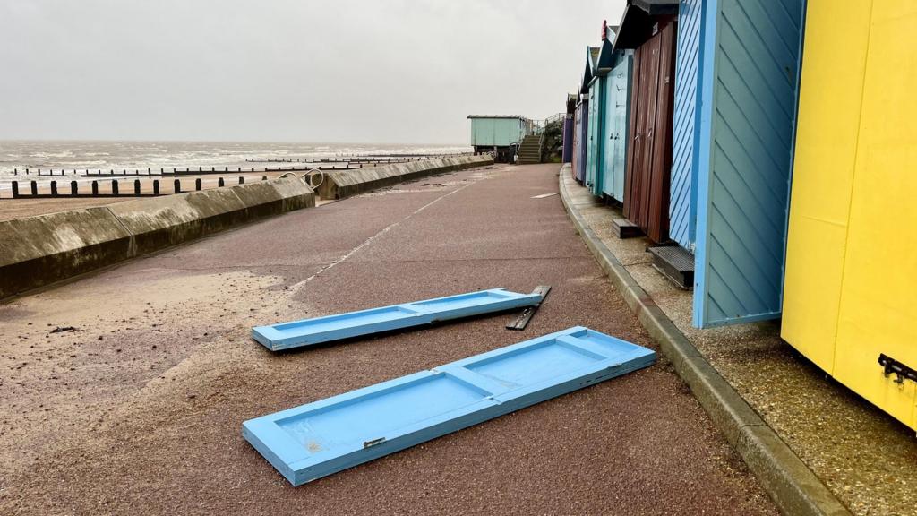 Damaged beach hut in Frinton-on-Sea