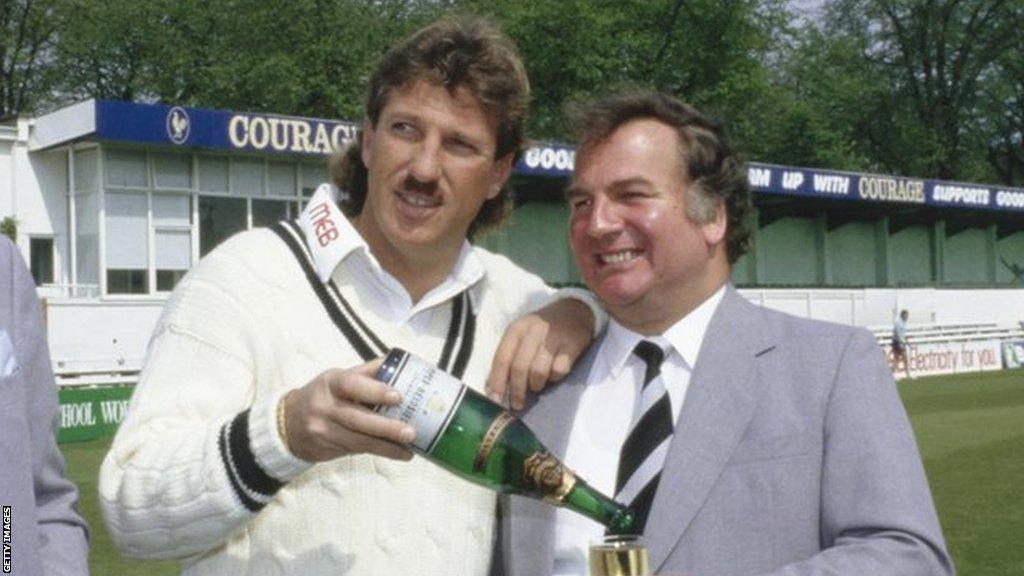 Duncan Fearnley, who has died at the age of 83, with Ian Botham