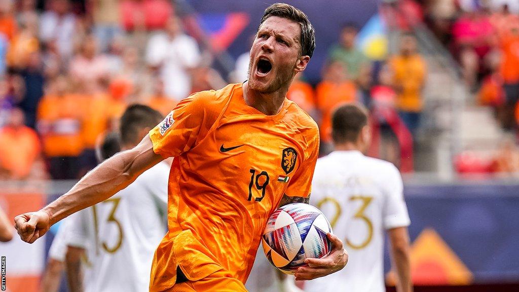 Wout Weghorst celebrates scoring for the Netherlands