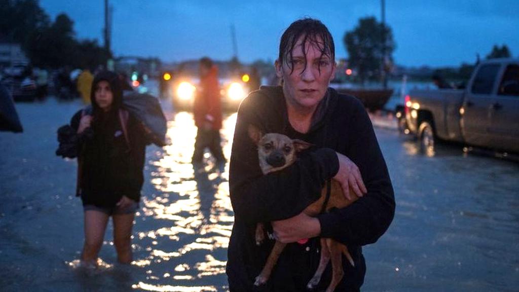 A woman holds her dog as she goes to higher ground after evacuating her home due to floods caused by Tropical Storm Harvey in east Houston.