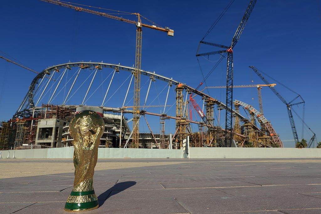 Cranes and building works during the construction and refurbishment of the Khalifa International Stadium.