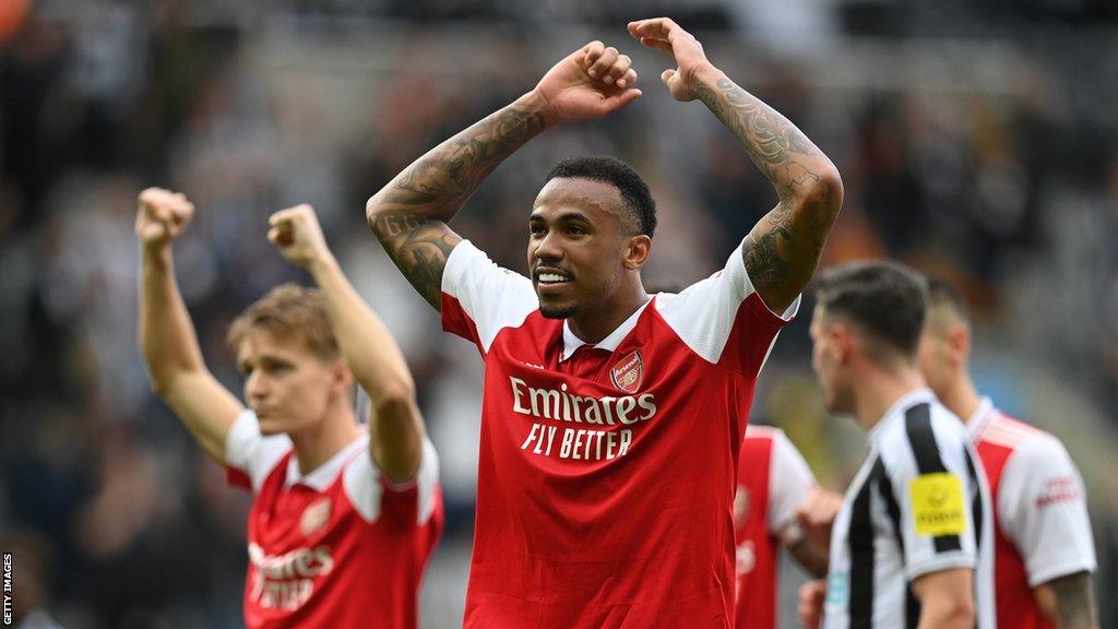 Gabriel (centre) leads the Arsenal celebrations at full time at Newcastle