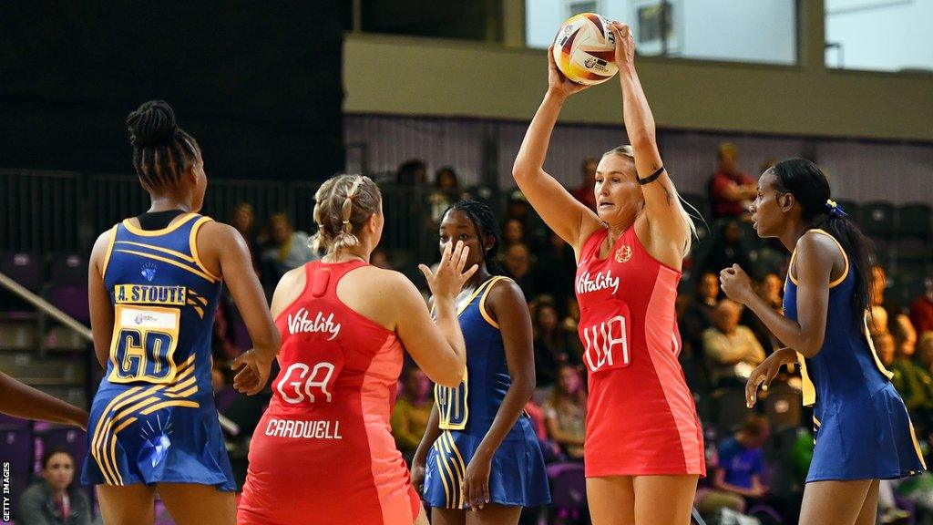 Chelsea Pitman of England playing at Netball World Cup