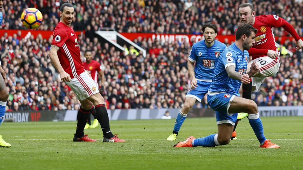 Manchester United's Wayne Rooney sees his shot saved