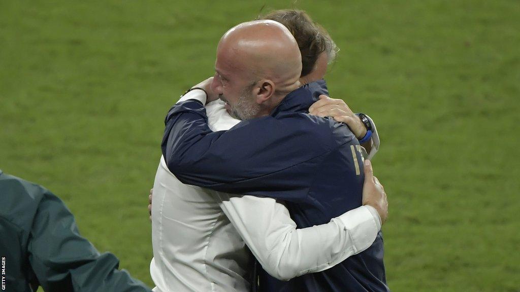 Gianluca Vialli and Roberto Mancini embrace after Italy beat England to win Euro 2020