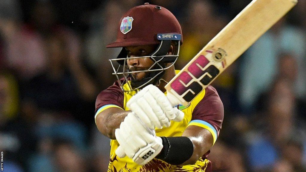 West Indies batter Shai Hope plays a shot